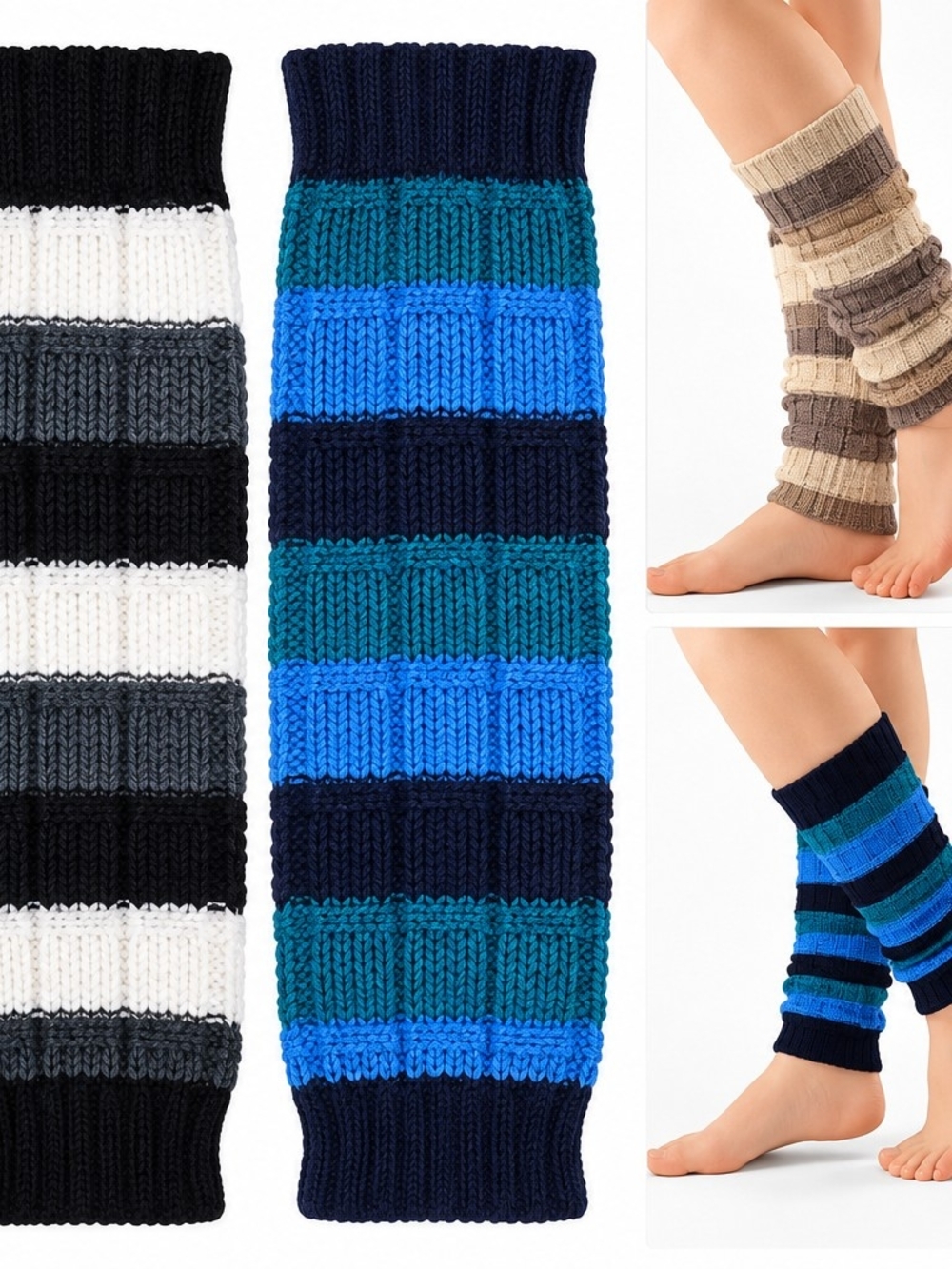 Striped Knit Leg Warmers - Blue & Black Biege Set Of 3
